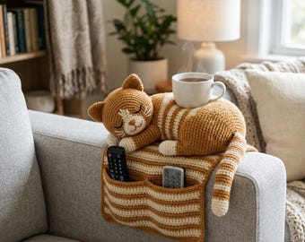 Sleeping Cat Sofa Arm Organizer Crochet Pattern PDF, Home Decor