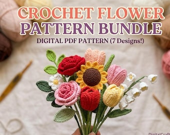 Crochet Flower Pattern Bundle PDF, Tulip Daisy Rose Sunflower, Easy Beginner Tutorial Download