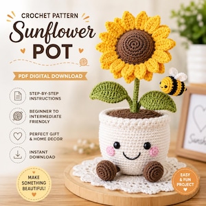 Virkat solroskrukmönster, Amigurumi-blomdekor, nybörjarhandledning (PDF-nedladdning)