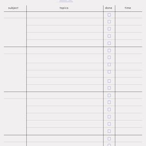 Könnte beinhalten: Ein weißer täglicher Lerntracker mit hellem lila Design. Der Tracker enthält Abschnitte für Fach, Themen, Datum, Lernzeit und eine Checkliste für den Abschluss. Der Titel "daily Study tracker" befindet sich oben links.