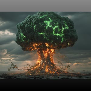 Könnte beinhalten: Digitales Kunstwerk, das eine große Explosion mit einer Pilzwolke darstellt. Die Wolke ist dunkelgrün mit leuchtenden grünen Adern, die sich von einer Basis aus intensiven orangefarbenen Flammen erheben. Der Himmel ist mit dunkelgrauen Wolken bedeckt.