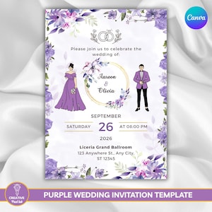 May include: A wedding invitation template featuring purple floral borders, a central gold ring frame, and illustrations of a person in a purple gown and a person in a purple suit. Text includes Aaroon & Olivia, September 26, 2026, and Liceria Grand Ballroom.