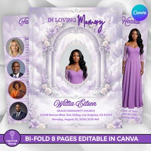 Purple Roses Funeral Program (8 pages), Celebration of Life, Obituary Program, Memorial Program, In Loving Memory, Canva Funeral Template