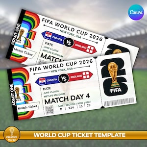 May include: Two FIFA World Cup 2026 match tickets for Croatia versus England in New York, USA. The white tickets feature a rainbow graphic, the FIFA trophy, a QR code, and text including date June 15, 2026, MetLife Stadium, Gate B, Section 124, Row 15, Seat 29.