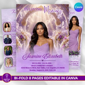 Könnte beinhalten: Eine lila gestaltete Vorlage für ein Trauerprogramm mit dem Text In Loving Memory und Jasmine Elizabeth. Das Design zeigt ein zentrales Porträt einer Person in einem lavendelfarbenen Kleid, umgeben von Blumenarrangements, weißen Tauben und einem goldenen Bogen.