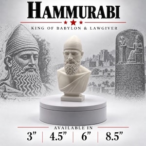 Op de afbeelding: Een wit borstbeeld van Hammurabi, koning van Babylon en wetgever, met een gedetailleerde baard en hoofdbedekking. De tekst 'HAMMURABI' en 'KING OF BABYLON & LAWGIVER' staat erboven, met 'AVAILABLE IN 3", 4.5", 6", 8.5"' onder de voet.