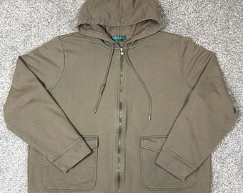 Vintage Lauren Ralph Lauren Hoodie Braun Voll-Reißverschluss Baumwolle Minimal Y2K Damenjacke