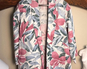 Vintage 80s Floral Linen Look Blazer Pink Gray Oversized Women’s Jacket