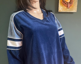Vintage 80s Adolfo Royalty Collection Navy Velour Pullover Top / Sport Stripe Long Sleeve / Size Medium / Retro Athleisure Sweatshirt