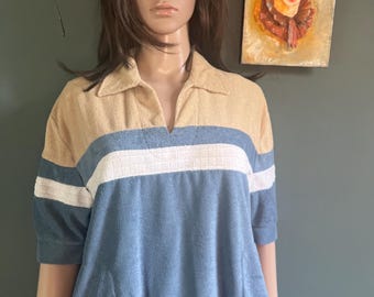 Vintage 70s/80s Mervyn’s Men’s Terry Cloth Polo Shirt | Color Block Blue Tan White Stripe | Size Large | Retro Beach Casual