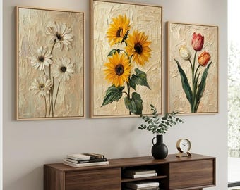 Textured Floral Oil Painting Set, Living Room Gallery Wall Art (Digital Download)