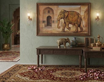 Pintura de elefante de arte popular indio, decoración de pared para sala de estar (descarga digital)