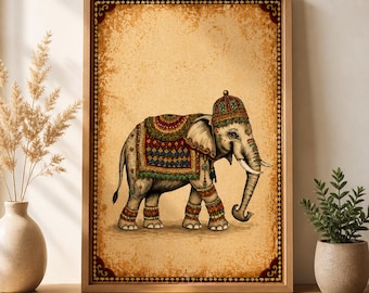 Ilustración mural de elefante indio: Ilustración digital ceremonial (Descarga digital)