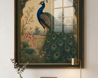 Peacock mughal wall painting, wall decor for living area , fine art canvas.
