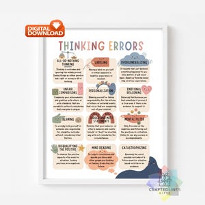 May include: A framed educational poster titled Thinking Errors, featuring a grid of twelve cognitive distortions with pastel-colored illustrations and descriptive text for each, including All-or-Nothing Thinking, Labeling, and Catastrophizing.
