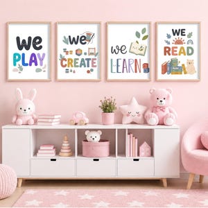 Set of 4 Play Read Learn Create Poster, Speech Therapy Bulletin Board, Bright Classroom Decor, Kids Playroom Wall Art Digital Download