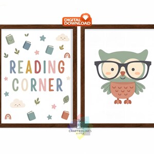 May include: Two framed wall art prints featuring a white background. The left print displays the text READING CORNER in multicolored letters surrounded by small books, stars, clouds, and leaves. The right print shows a green owl wearing black glasses.