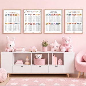 May include: Four framed educational wall art prints featuring math tables for division, subtraction, addition, and multiplication. Each print displays colorful numbered flags and clear numerical charts, arranged in a row above a white storage unit.