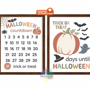 Set di 2, Calendario dell'Avvento per il conto alla rovescia di Halloween stampabile, Decorazioni autunnali per la classe, Calendario dell'Avvento per il conto alla rovescia di Halloween, Arte murale autunnale da scaricare in formato digitale