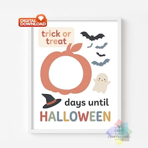 May include: A digital download print featuring a large peach-colored pumpkin outline, a small ghost, several dark bats, and a witch hat. The text reads trick or treat, days until, and HALLOWEEN in colorful letters, all framed in a white border.