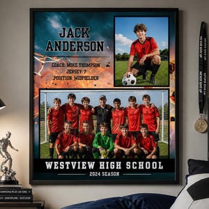 May include: Framed team photo featuring Jack Anderson, Coach Mike Thompson, and the Westview High School soccer team. The photo includes the text "2024 Season" and "Never Give Up" on a lanyard. The team is wearing red jerseys.