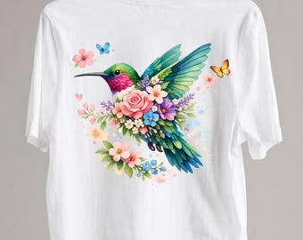 ハチドリの花柄PNG、水彩画風鳥の昇華プリントデザイン、花柄ハチドリのDTF転写シート、春の鳥のシャツ用PNG、即時デジタルダウンロード