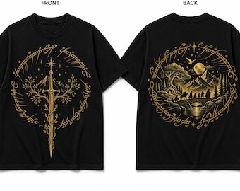 PNG avventura fantasy, PNG ispirata alla magica Terra di Mezzo, maglietta avventura Hobbit, trasferimento DTF montagna fantasy, PNG spada e natura