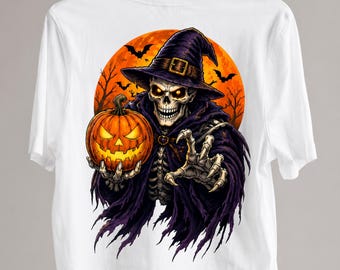 Skeleton Witch Pumpkin PNG, Dark Halloween Sublimation Design, Scary Reaper DTF Transfer, Gothic Halloween Shirt, Instant Digital Download