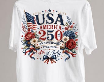 USA 250th Anniversary PNG, 4th of July 2026 Png, America 250 Celebration, Patriotic Floral Shirt Design, DTF Transfer Digital Download