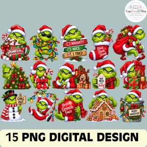 May include: A collection of 15 digital illustrations featuring a green character in various Christmas-themed scenes, including holding a mug labeled Merry Grinchmas, tangled in lights, holding a sign, and interacting with holiday decorations.