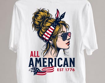All American Est 1776 PNG, Messy Bun Patriotic Woman Sublimation, 4th of July Girl Shirt Design, American Eagle Flag Digital Download