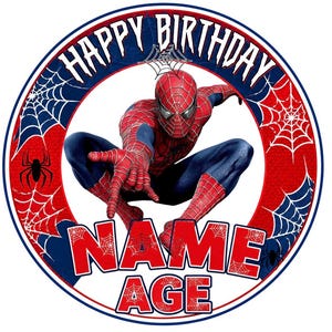 May include: A circular graphic featuring Spider-Man in a crouched pose at the center. The background is red and blue with spiderweb patterns and black spider silhouettes. The text reads HAPPY BIRTHDAY, NAME, and AGE in bold lettering.