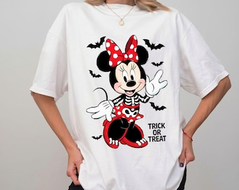 Comfort Colors® Minnie Mouse Halloween Shirt, Trick Or Treat Skeleton Costume Tee, Cute Disney Spooky Bats T-Shirt, Autumn Holiday Gift