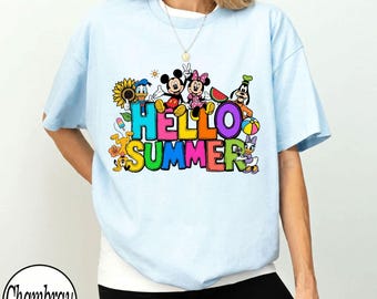 Comfort Colors® Hello Summer Disney Shirt, Mickey And Friends Vacation Tee, Retro Colorful Cartoon Character T-Shirt, Magical Family Trip