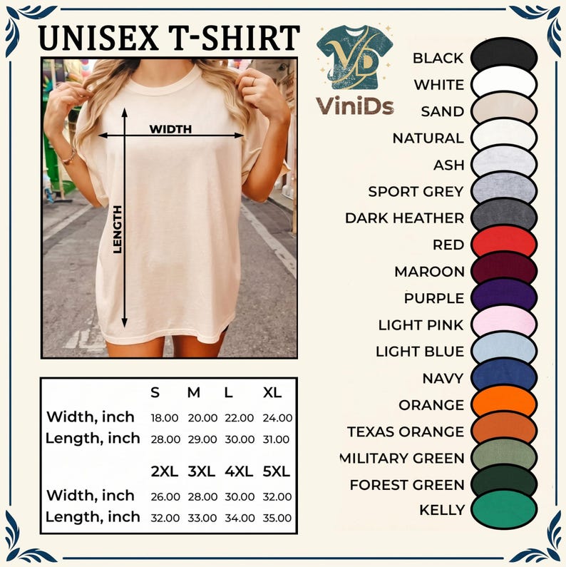 May include: A plain beige short-sleeved t-shirt with a crew neckline. The image includes a size chart with width and length measurements in inches for sizes S through 5XL, and a colour palette list featuring black, white, sand, natural, ash, grey, red, maroon, purple, pink, blue, navy, orange, and green.