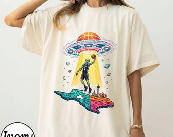 Comfort Colors® Wemby Alien Basketball Shirt, Retro Texas UFO Geometric Tee, Neon Space Planet Hoops Graphic T-Shirt, Sports Fan Gift