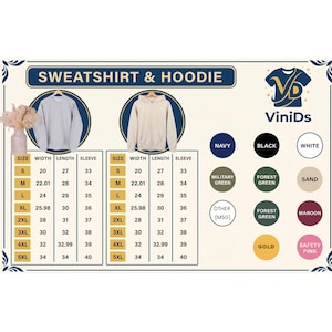 May include: A size chart for sweatshirts and hoodies featuring a light grey crewneck sweatshirt and a beige hooded sweatshirt. The chart lists sizes S through 5XL with width, length, and sleeve measurements in inches. Includes colour swatches.