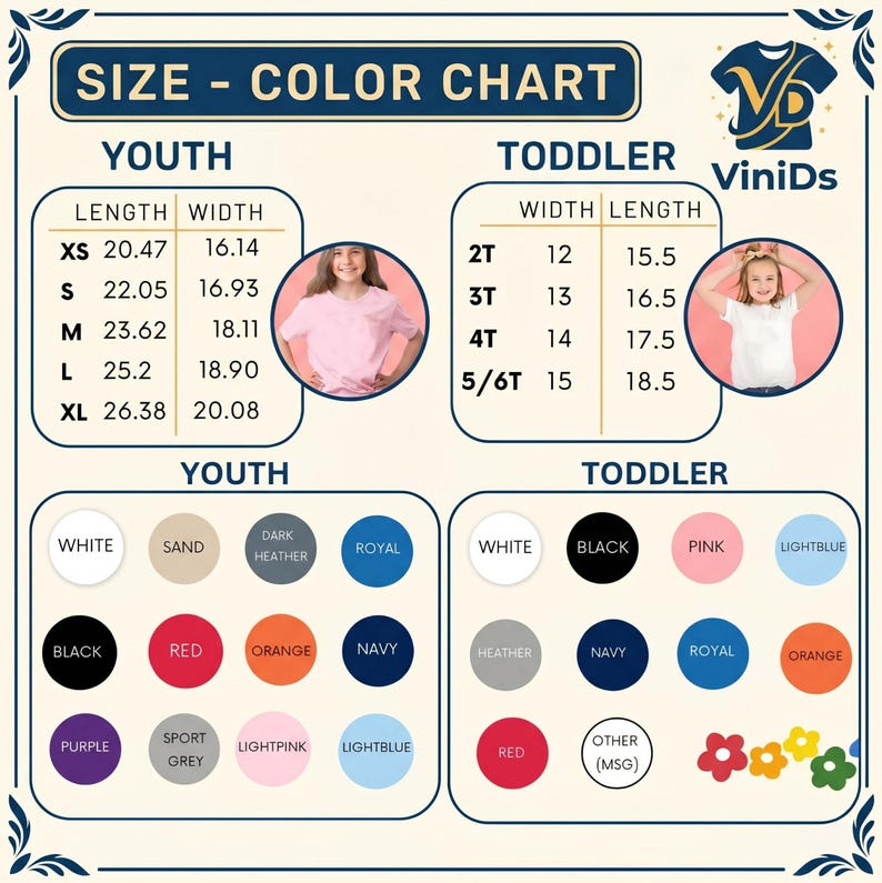 May include: A size and colour chart for youth and toddler t-shirts by ViniDs. The chart displays length and width measurements in inches for sizes XS to XL and 2T to 5/6T. It includes colour swatches for youth and toddler options with labels.