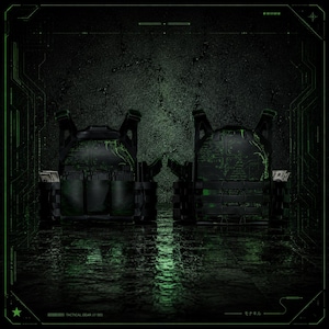May include: A black tactical vest featuring a green digital circuit board pattern. The front panel includes three integrated magazine pouches, while the rear panel displays a grid-like webbing system. The text TACTICAL GEAR /// 001 is visible.