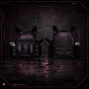 May include: Two black tactical vests featuring a dark pink graphic pattern. The front vest displays three integrated magazine pouches, while the rear vest shows a grid-like strap system. Both vests include side pockets containing stacks of paper currency.