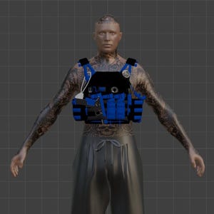 May include: A black tactical vest featuring bright blue accents, multiple storage pouches, and a holster containing a blue and black handgun. The vest is worn over a grey shirt, with a circular emblem on the upper left chest and a white cord attachment.
