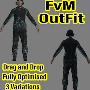 May include: A digital 3D model of an outfit featuring a black bucket hat, a long-sleeved shirt with black and teal marbled patterns, and matching trousers. The text FvM OutFit, Drag and Drop, Fully Optimised, and 3 Variations is displayed.
