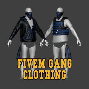 May include: Two mannequins showcase FiveM gang clothing. One wears a black hoodie with blue trim, the other a tactical vest. Both have face coverings and matching blue and black accents. The text "FIVE M GANG CLOTHING" is displayed in yellow.