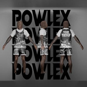 Op de afbeelding: Een zwart-witte mouwloze jersey en short set met een bliksemschicht grafisch patroon. De achterkant van de jersey toont de tekst "YOUR FUCKED!" in een vetgedrukt wit lettertype. De set heeft witte biezen bij de halslijn en armsgaten.