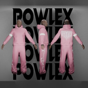 May include: A pink hooded sweatshirt and matching sweatpants set featuring white horizontal stripes on the sleeves and white bone-like graphics on the pant legs. The back of the hoodie displays the white text SUPREMERULER in a stylized font.
