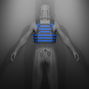 May include: A tactical vest featuring a dark grey base with horizontal bright blue webbing straps across the front and shoulder sections. The vest is worn over a plain grey shirt and grey drawstring trousers, displaying a structured design.