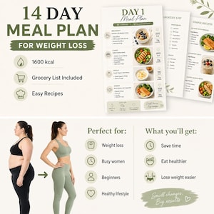 Könnte beinhalten: Ein 14-Tage-Ernährungsplan zur Gewichtsreduktion, mit einem Vorher-Nachher-Bild. Der Plan beinhaltet 1600 kcal, eine Einkaufsliste und einfache Rezepte. Das Bild zeigt auch Beispiel-Speisepläne und Rezepte, mit dem Text "Small changes. Big results."