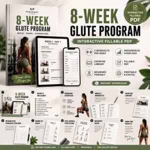 8 Week Glute Growth Program | Interactive Fillable PDF | Gym & Home Workout Plan | Progressive Overload | Exercise Guide