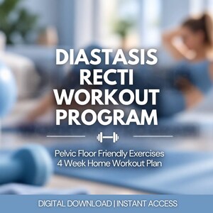 May include: A digital workout program titled DIASTASIS RECTI WORKOUT PROGRAM with the subtitle Pelvic Floor Friendly Exercises 4 Week Home Workout Plan. The graphic features a dumbbell icon and the text DIGITAL DOWNLOAD | INSTANT ACCESS.