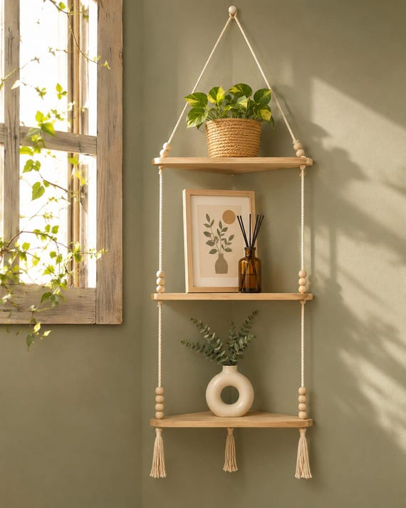 Boho-Eckregal aus Holz | Hängendes Pflanzenregal aus Naturholz | Rustikale, schwebende Wanddekoration